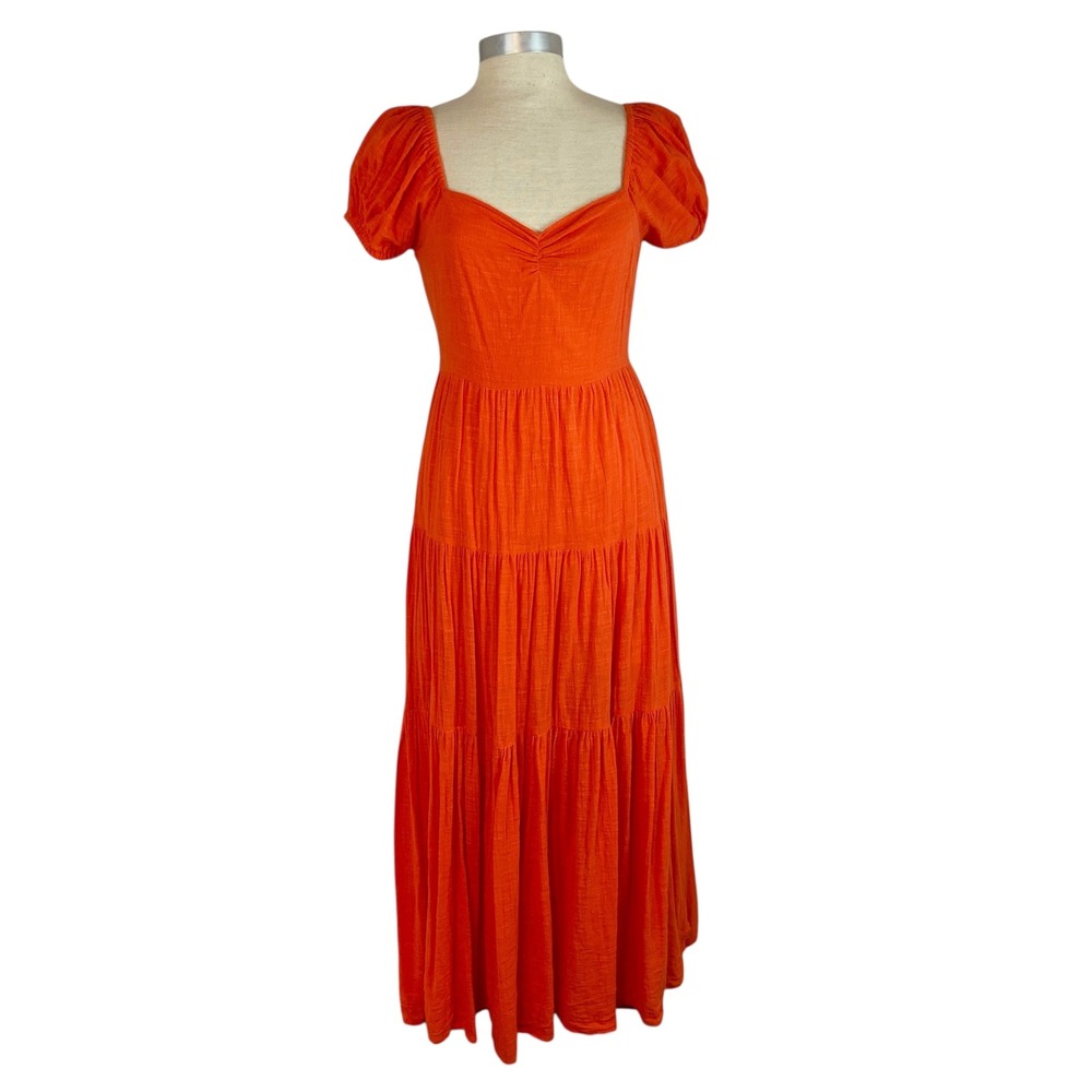 Bila 77 Tiered Maxi Dress Medium‎ Orange Puff Sleeve Boho Cottagecore Resort